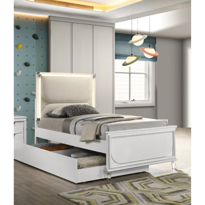 Contemporary Style Pearl White Upholstered Twin Size Bed With Trundle And Led On Headboard, Panel Feature, Bedroom Furnishings Upgrade Frame In Trundle, - Equipped Headboard Accents, Delight