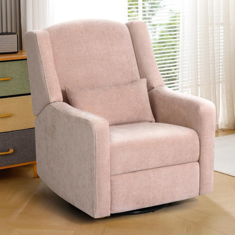 Fauteuil inclinable électrique pivotant rose avec accoudoirs à oreilles de 31,4 po Zisel, Chenille rose