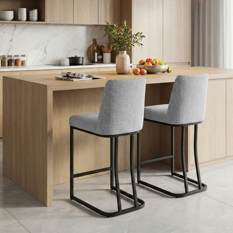 Upholstered Counter & Bar Stool with Backs, Light Gray