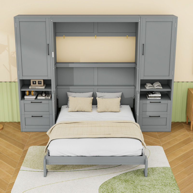 Lit escamotable double en bois avec 4 tiroirs et tablettes de rangement, gris