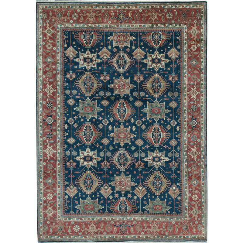 Hand-Knotted High-Quality Blue and Rust Area Rug