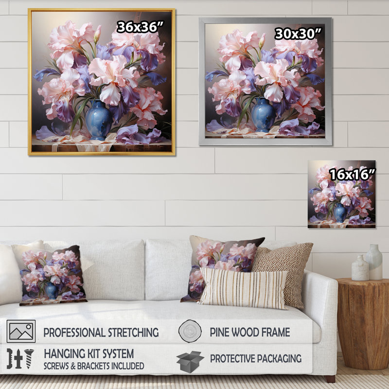 Impression romantique rose et mauve iris III - impression, H 30 po x l 30 po x P 1 po, Cadre flottant noir