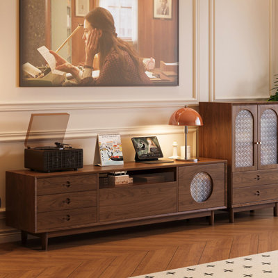 Meuble télé vintage en noyer brun foncé de 150 cm (59,06 po) avec vitre craquelée