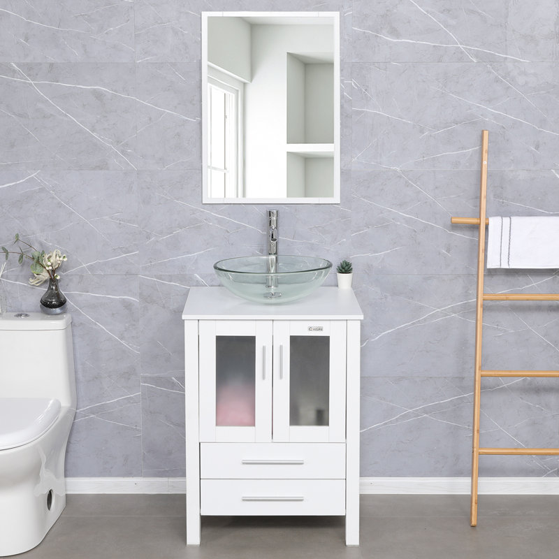 Ensemble de meuble-lavabo simple 24 po avec lavabo vasque, robinet et drain, Blanc