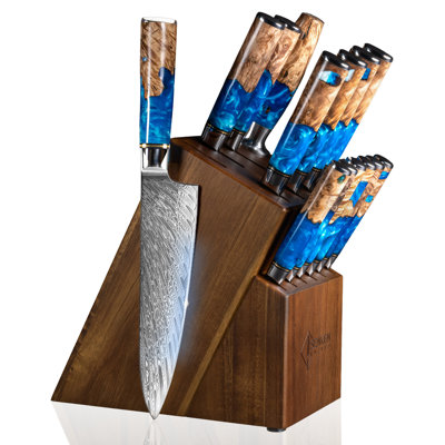 Senken Knives 15-Piece Damascus Steel "Tsunami" Knife Block Set - 67-Layer VG10 Japanese Steel - Includes Chef Knife Set, Steak Knives, Sharpening Rod