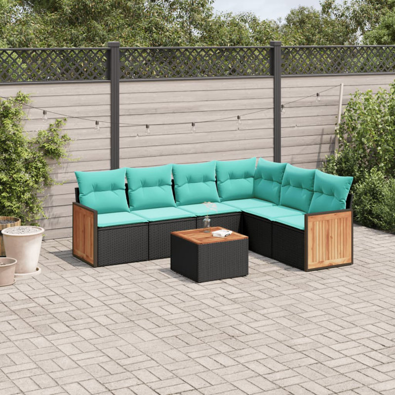  Ensemble de canapé de patio 7 pièces avec coussins en rotin de polyester noir