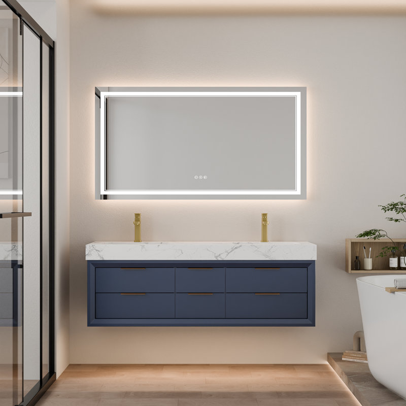 Meuble-lavabo double flottant 60 po bleu avec plateau en marbre et tiroirs à fermeture en douceur, Bleu