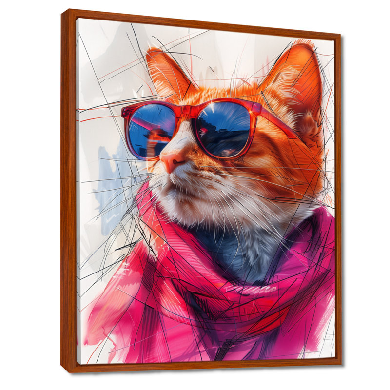 Chat curieux rose avec lunettes de soleil, H 34 po x l 44 po x P 1,5 po, Cadre flottant brun