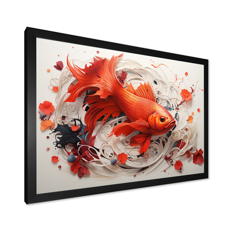 Kois rouge et gris nageant avec sérénité sur toile, Cadre simple noir, H 12 po x l 20 po x P 1 po