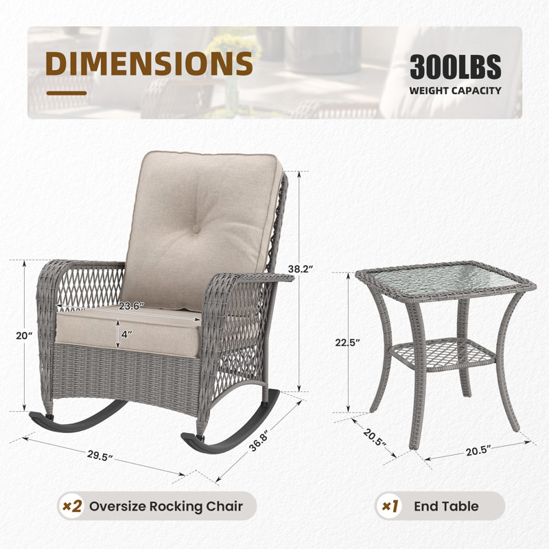 Ensemble de 3 chaises berçantes d'extérieur surdimensionnées avec coussins et table d'appoint à plateau en verre
