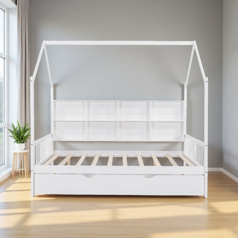 Lit House avec lit gigogne, lit pour enfant avec tablette, Lit double