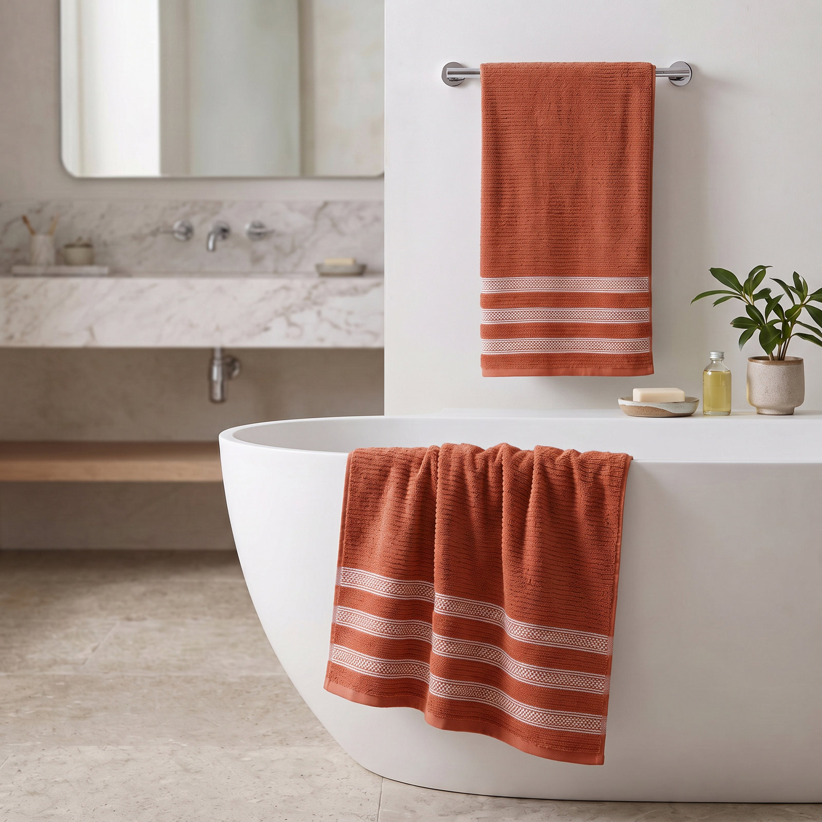 3-Piece Geometric Zero-Twist Cotton Towel Set, Rust