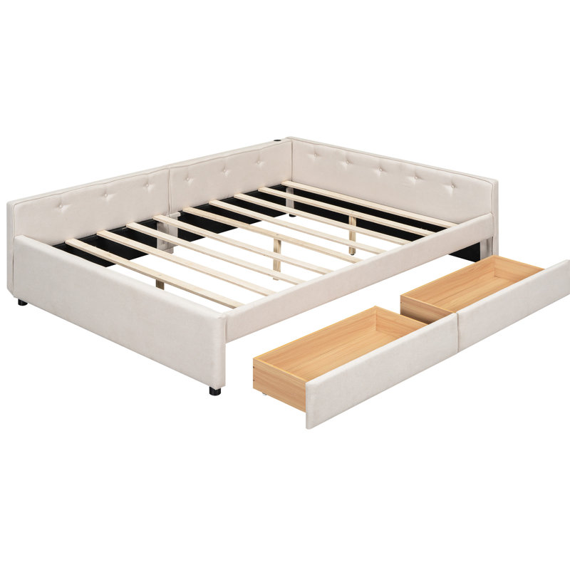 Queen Size Upholstered Bed With And 2 Drawer Storage Options, Beige Deep Drawers In Color, Queen