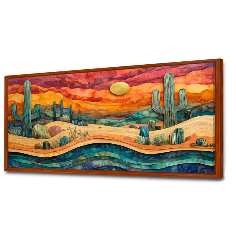 Cactus du désert sur un plateau en bois II - Cactus, art mural, H 28 po x l 60 po, Cadre flottant, Brun