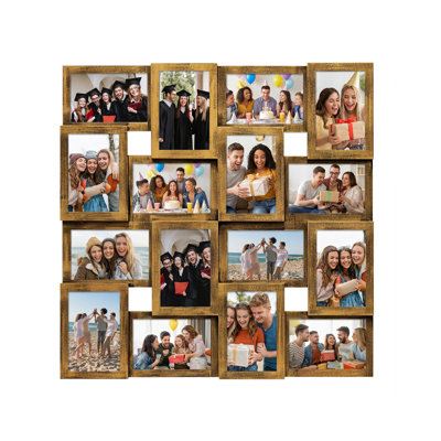 16 Slot Integrated Staggered Collage Frame, Matte Black Solid PVC One-Piece Wall Mount Picture Frame Fits 4x6 Snapshot Photos, Rustic Gold