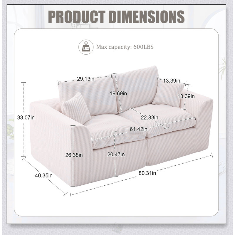 Canapé modulaire modulaire Cloud, confortable et moderne 2 places avec housses amovibles pour un nettoyage facile et aucun assemblage requis