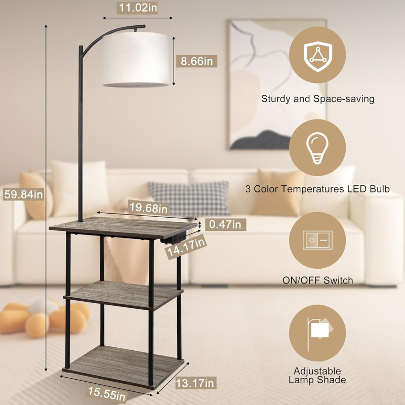 Floor Lamp With Table, End Table With Charging Station, Brown