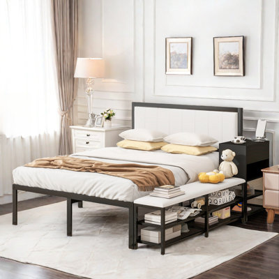 Metal Shaula Bedroom Sets With Cushioned Footrest With Two-Tier Storage Shelves, 1 Wooden Storage Cabinet