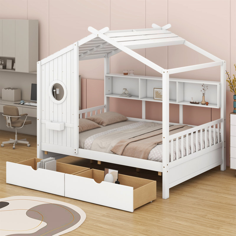 Lit en bois avec tiroirs et tablette de rangement, Blanc, Double