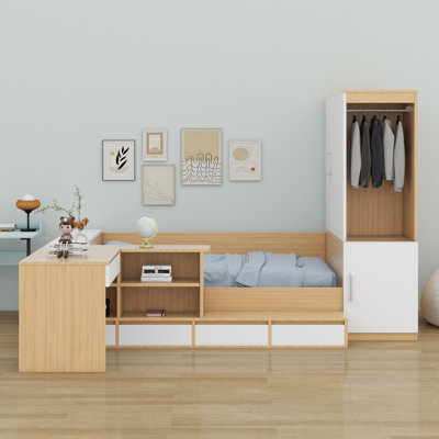 Lit plateforme avec tiroirs, tablettes, bureau et garde-robe