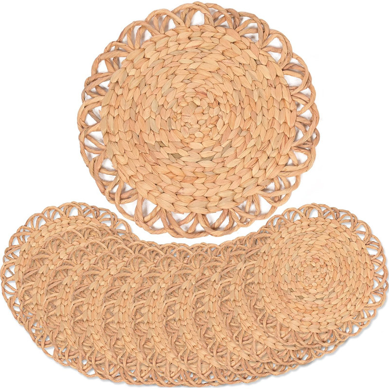 Boho Wicker Placemats Set Of 10 - Handwoven Water Hyacinth Round Placemats For Dining Table, Natural And Eco-Friendly Home Decor