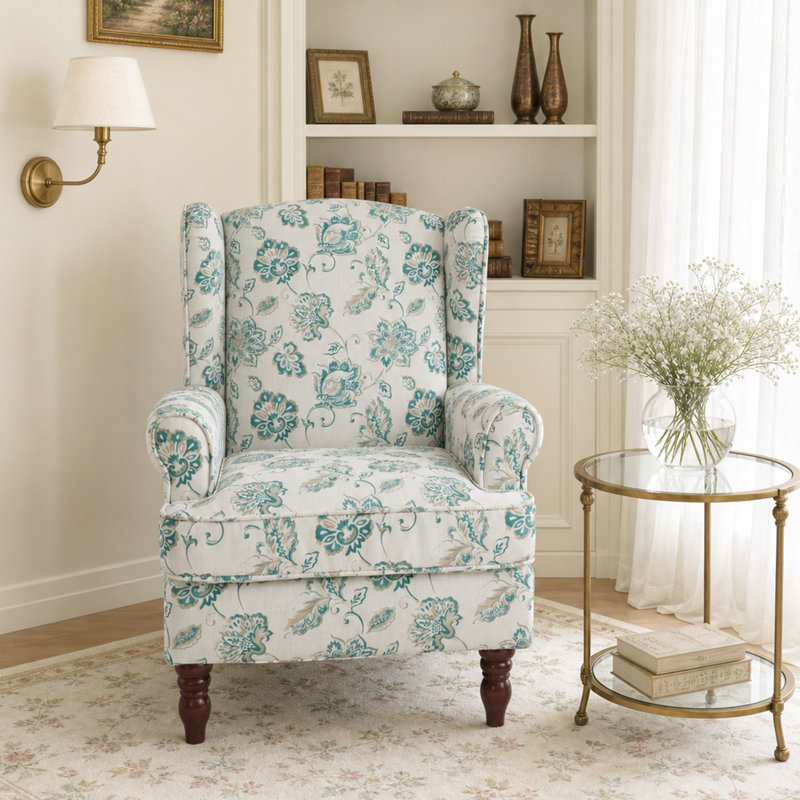 Upholstered Accent Chair, White/Green Floral