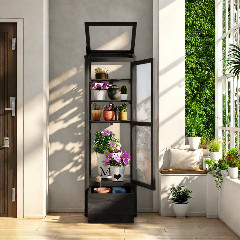 Black Fir Wood Garden Greenhouse with Adjustable Shelves and Storage Box