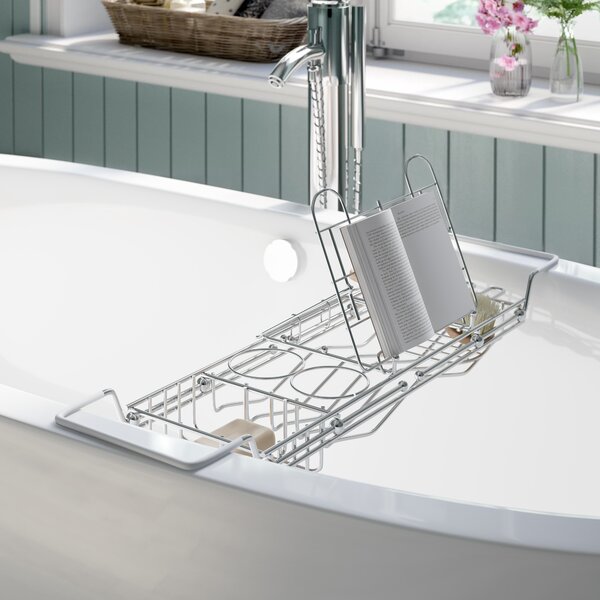 Idesign Everett Metal Adjustable Over the Side Bathtub Caddy Basket, Satin, Silver