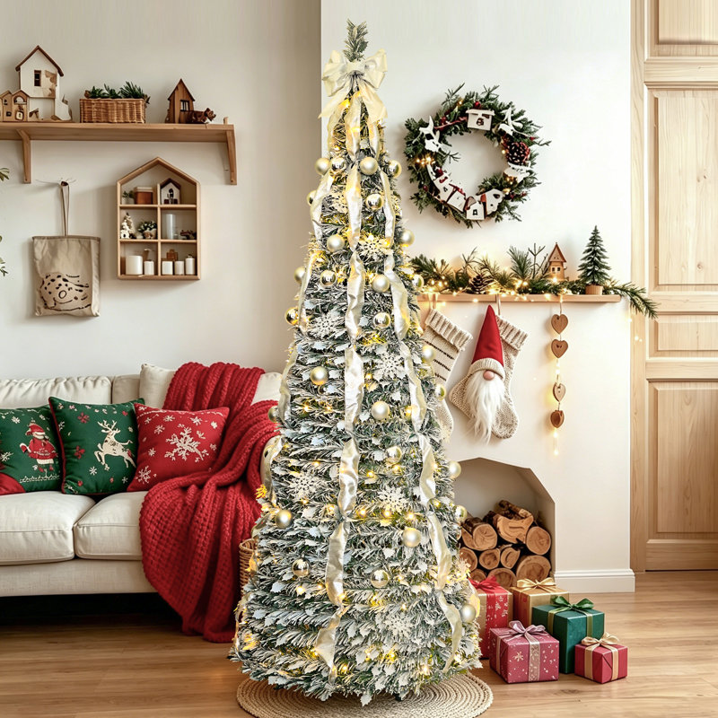 Arbre de Noël artificiel pré-éclairé à flocons argentés, 7' H, Silver