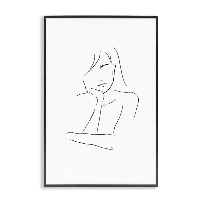 Triste femme, dessin au trait encadré, design par Martina Pavlova, H 18 po x l 12 po, Giclée encadrée noir minuit