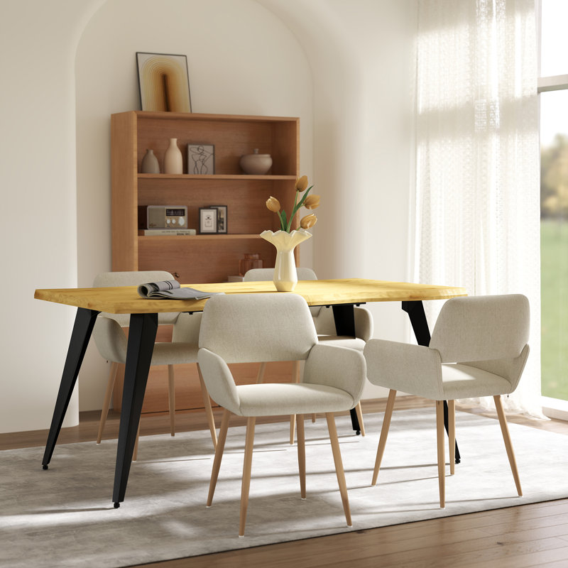Hranush 5-Piece Dining Set - Rectangular Table and  Upholstered Armchairs with Metal Legs for Kitchen Dining Room, Natural