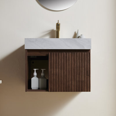 Meuble-lavabo de salle de bain 24 po EIDEN, armoire de rangement flottante, plateau en pierre frittée de couleur gris Carrara et lavabo en céramique avec 1 trou de robinet pré-percé, démonté, sans robinet et ensemble de drain, couleur grain de bois noyer