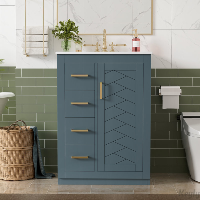 Meuble-lavabo 24 po avec lavabo en céramique et 3 tiroirs, Bleu