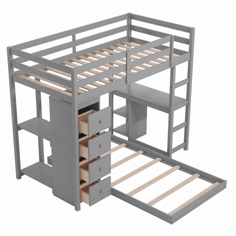 Lit superposé simple au-dessus de simple avec bureau intégré Grigoria par Harriet Bee, gris
