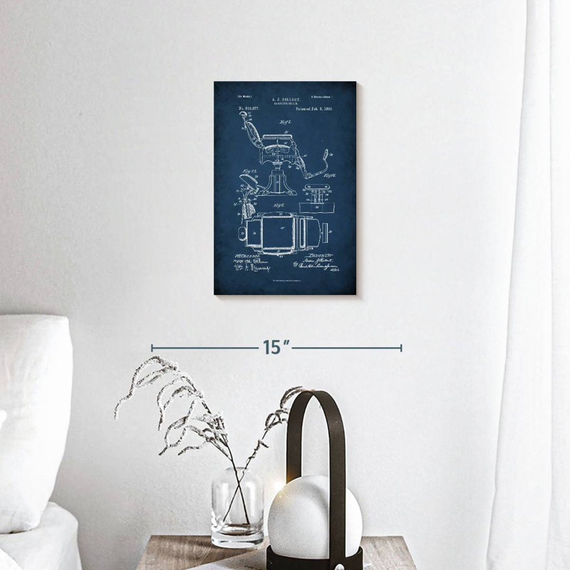 Chaise de barbier, brevet bleu sur toile, H 12 po x l 8 po x P 1 po