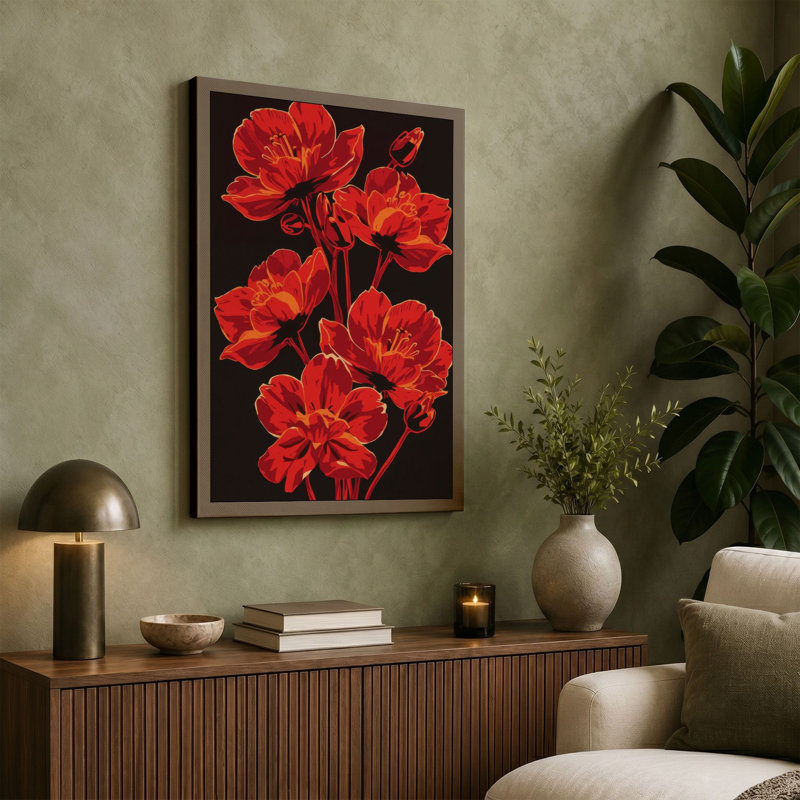 Vibrant Red Blooms Botanical - Wrapped Canvas, 18x12 - 45.7 x 30.5 cm, Ochre Border