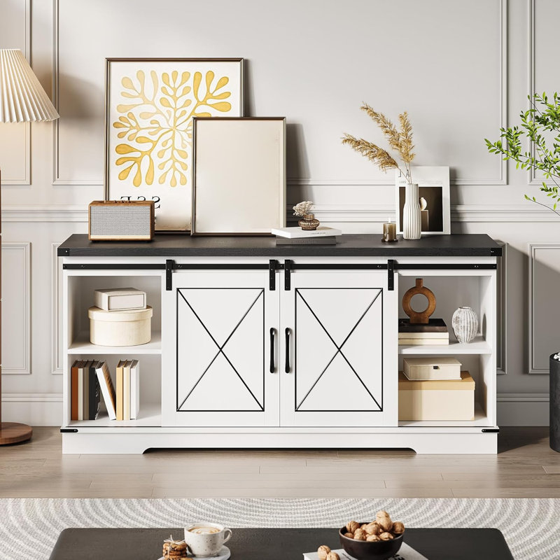59 Inch TV Stand, Farmhouse Wood Entertainment Center with Sliding Barn Doors with Adjustable Shelves & Open Compartment