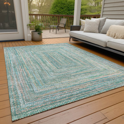 Machine Washable Indoor/Outdoor Xhevrie Teal Rug