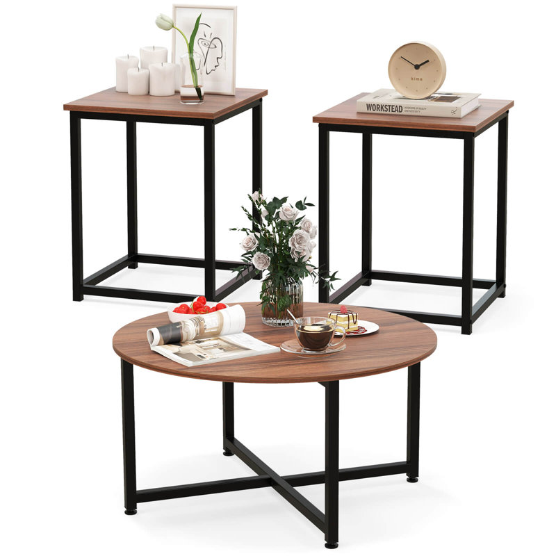  Ensemble de 3 tables basses rondes et 2 pièces de tables de bout carrées
