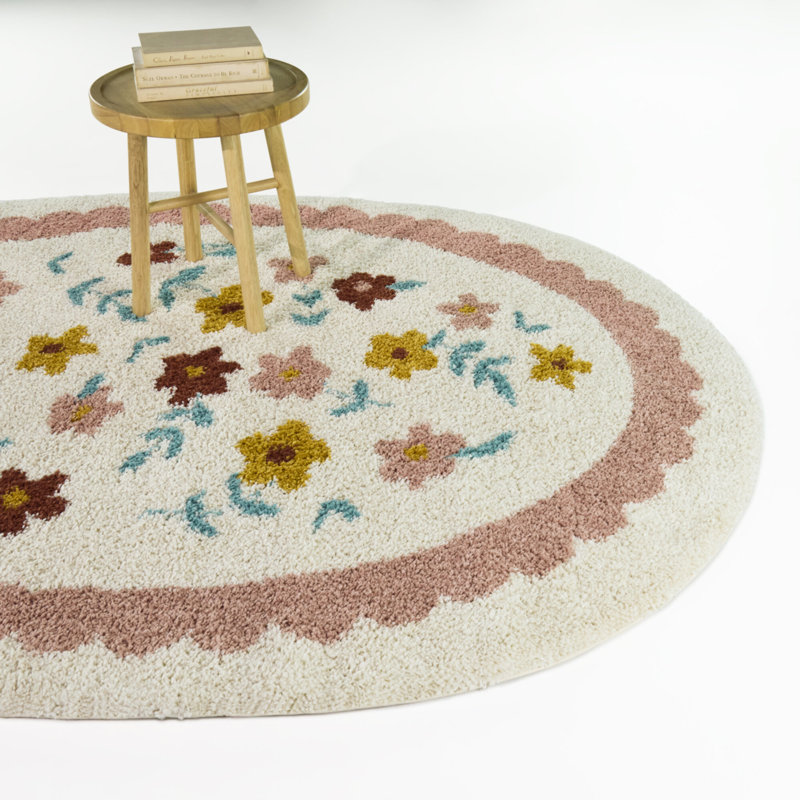 Azalea Pink Multi Kids Flower Toss Scallop Border Oval Area Rug, 5'3" x 6'11" Oval