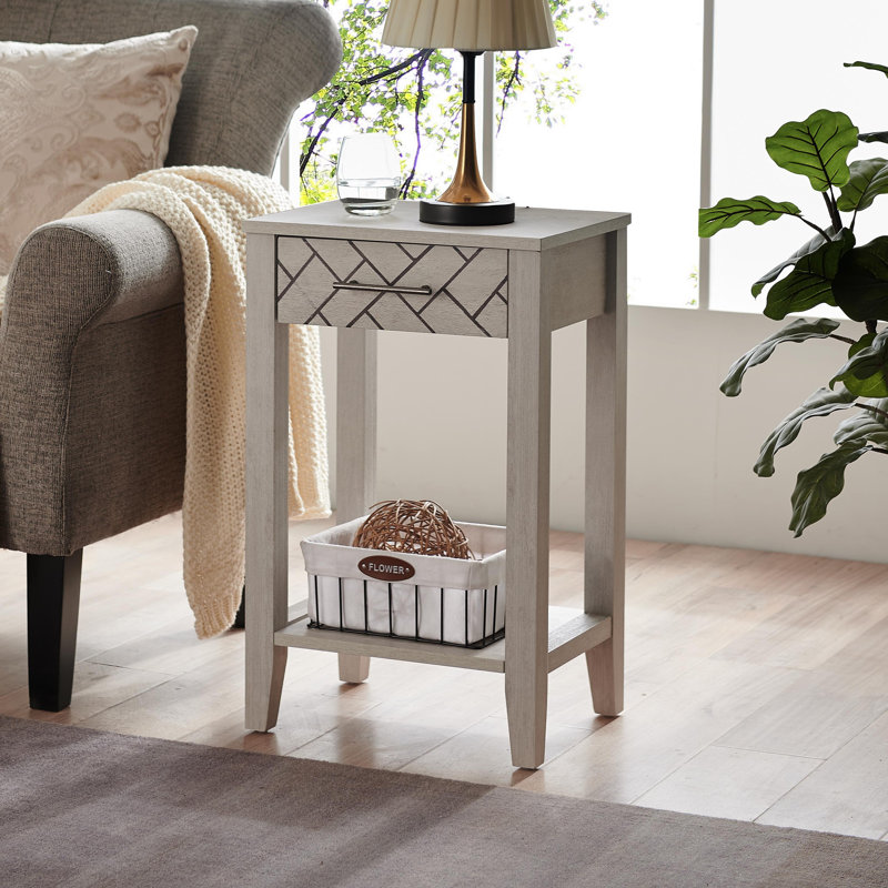 Table de bout en bois avec rangement, deux tablettes inférieures et tiroir