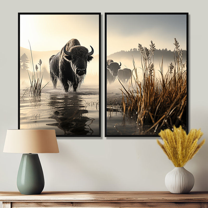 Buffle gris matin brumeux I - art mural moderne, H 36 po x l 48 po, Reproduction encadrée sans passe-partout, Noir