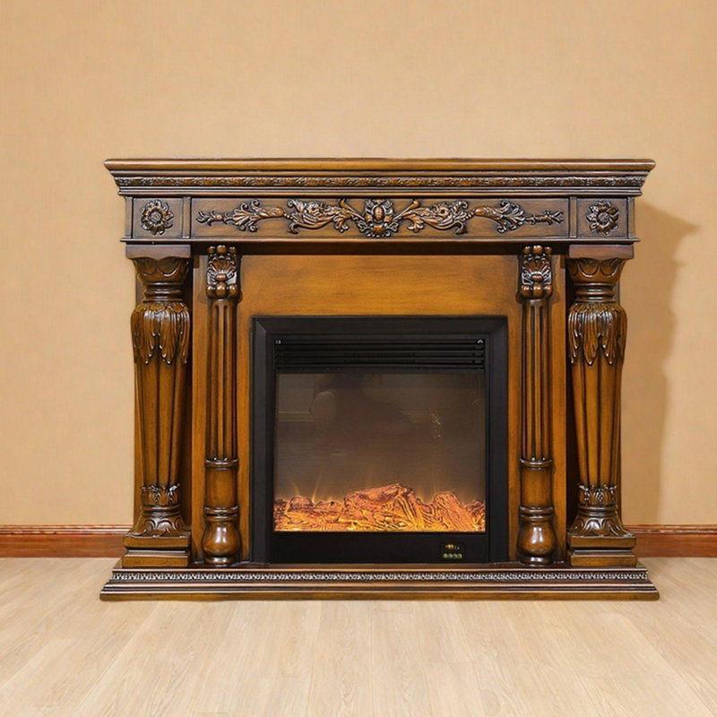 Retro solid wood base carved design fireplace, 47.24" H x 59.05" W x 12.59" D, Brown
