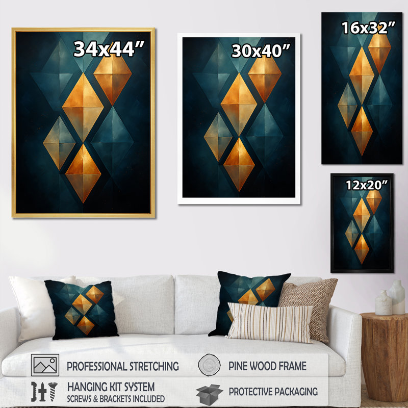 «Golden Diamond Rising On» rétro sur fond bleu marine sur toile, 44" H x 34" W, Cadre flottant doré