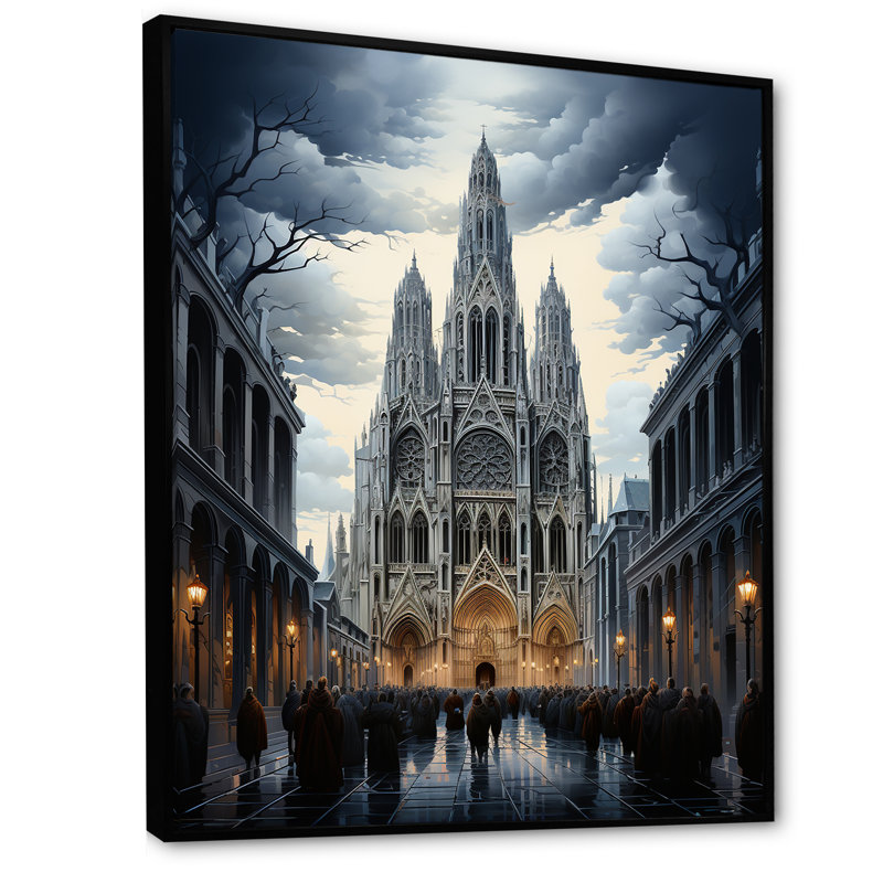 Rouen, cathédrale française sur toile, Cadre flottant noir, 32" H x 16" W