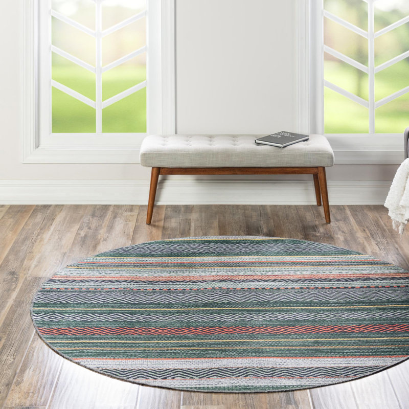 Tapis contemporain Abidur vert-ivoire, Rond 6 pi