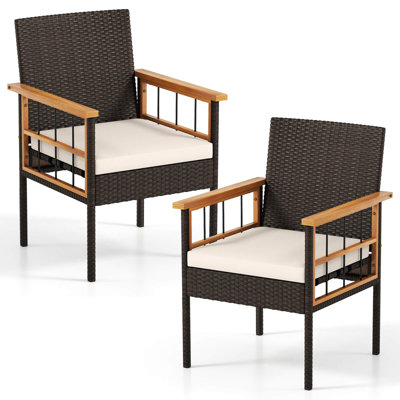 2PCS Patio Dining Chairs with Removable Padded Cushion, Acacia Wood Armrests