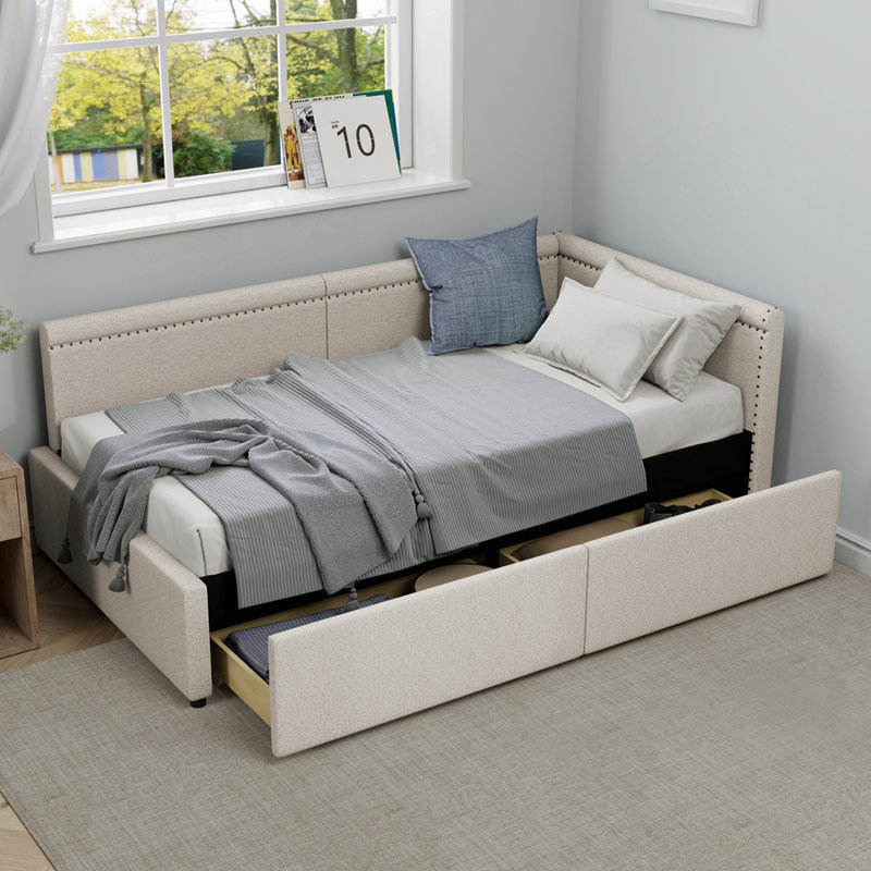 Lit de jour sophistiqué en L avec rangement et garniture élégante pour la maison, Beige