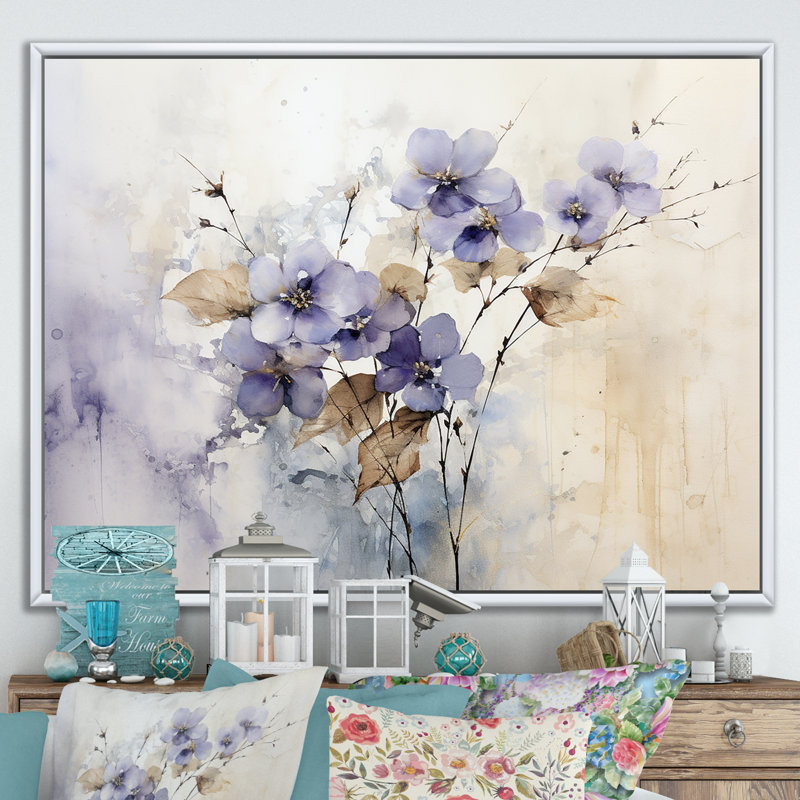 Beige et mauve orné de violettes - Violettes, reproductions encadrées, Cadre flottant blanc, H 34 po x l 44 po x P 1,5 po