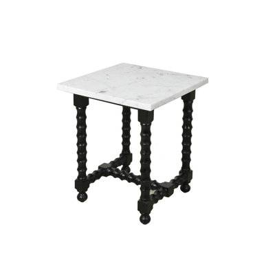 24" White and Black Marble and Solid Wood Square Trestle End Table